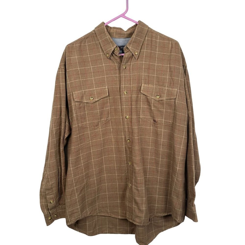 Roper, tan checkered with cream and red accents, button down collar shirt, size